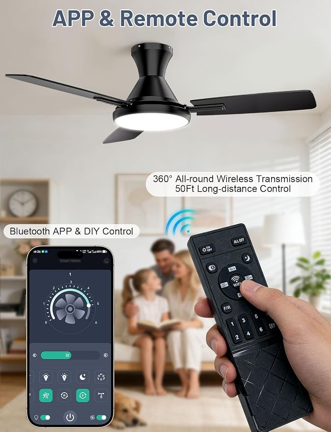 Ceiling Fan with Lights, 42” Ceiling Fan with Light and Remote/APP Control, 2700-6500K CCT Adjustable, Stepless Dimmable, Quiet Reversible Motor, Flush Mount LED Fans Light for Bedroom Living Room