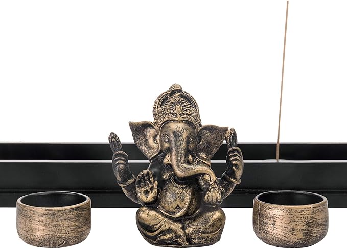 MyGift Mini Zen Garden with Ganesh Statue, Incense Stick Burner, Tealight Candle Holders, Decorative Rocks and Display Tray