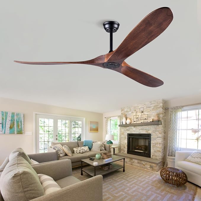 Ceiling Fans without Lights, 60 Inch Wood Ceiling Fan no Light with Remote, Outdoor Ceiling Fan for Living Room, Patio, Porch, 6 Speeds, Quiet DC Motor(Deep Walnut Blades)