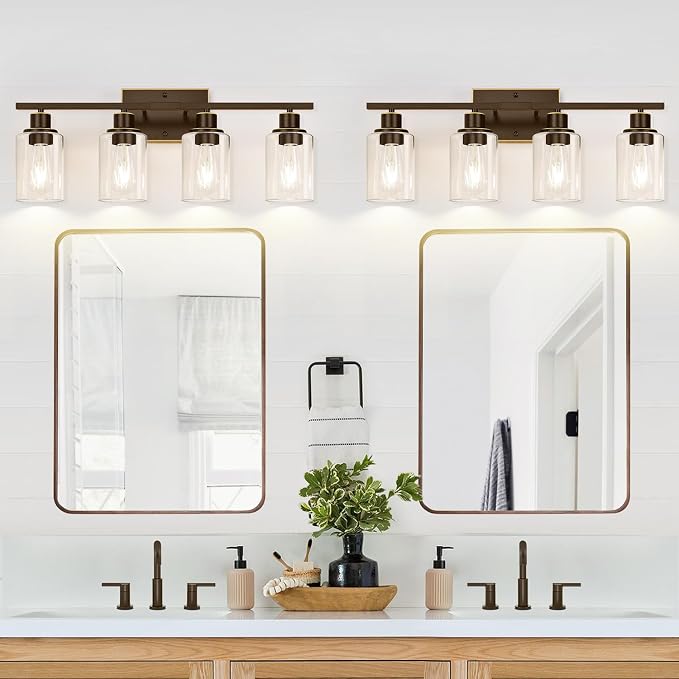 Indoi 4-Light Bathroom Light Fixtures, Oil-Rubbed Bronze Modern Vanity Lights with Clear Glass Shades, Bathroom Wall Lamp for Mirror Living Room Cabinet Bedroom Porch