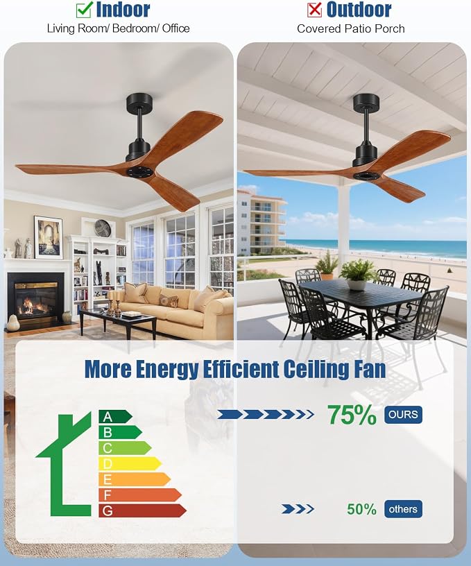 Ceiling Fans With Remote Control, Outdoor Ceiling Fan for Patios Indoor, 3 Downrods, 3 Blades, Timer, 6 Speed Reversible Quiet DC Motor Modern Fan Solid Wood Fan, 60in, Brown