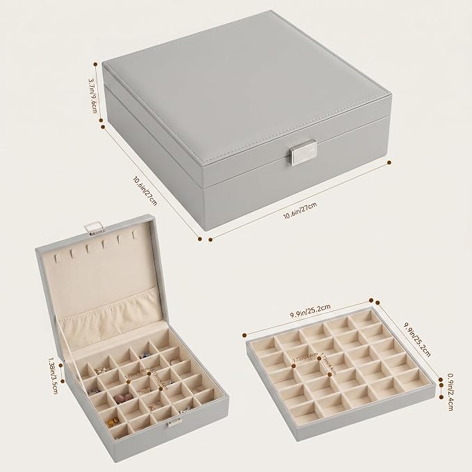 Frebeauty 50 Grid Earring Holder Organizer,2 Layer Jewelry Box for Women | Faux Leather,Velvet Lining,Adjustable Divider,Jewelry Organizer for Ring Necklace and Bracelet,for Home Use and Jewelry Store