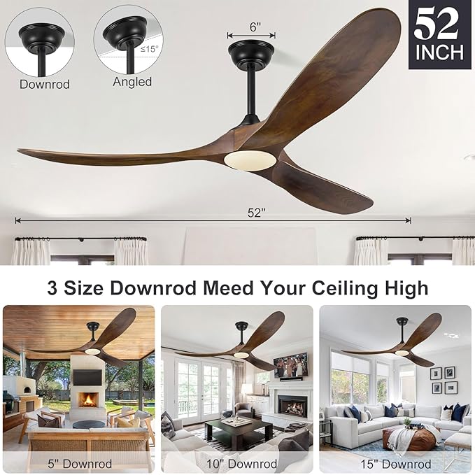 Eliora 52 Inch Ceiling Fans with Lights and Remote Control, Outdoor Ceiling Fan with Light High cfm Outdoor Ceiling Fan for Patio, Porch, 6 Speed Propeller Quiet DC Motor ETL Listed-Deep Walnut