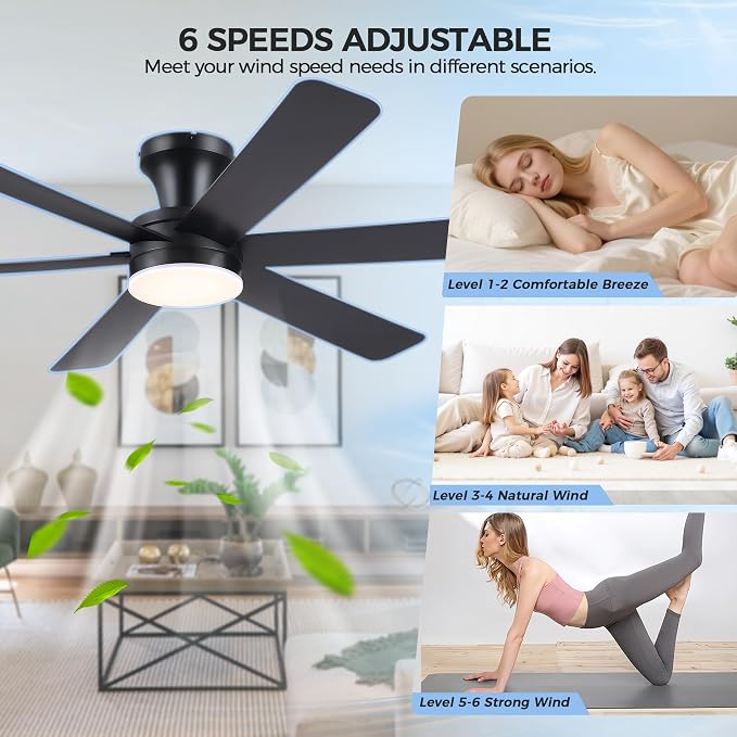 GJeg Ceiling Fans with Lights,46" Low Profile Ceiling Fan with Light and Remote Control,Flush Mount, Reversible, Dimmable, Noiseless, Black Ceiling Fan for Bedroom
