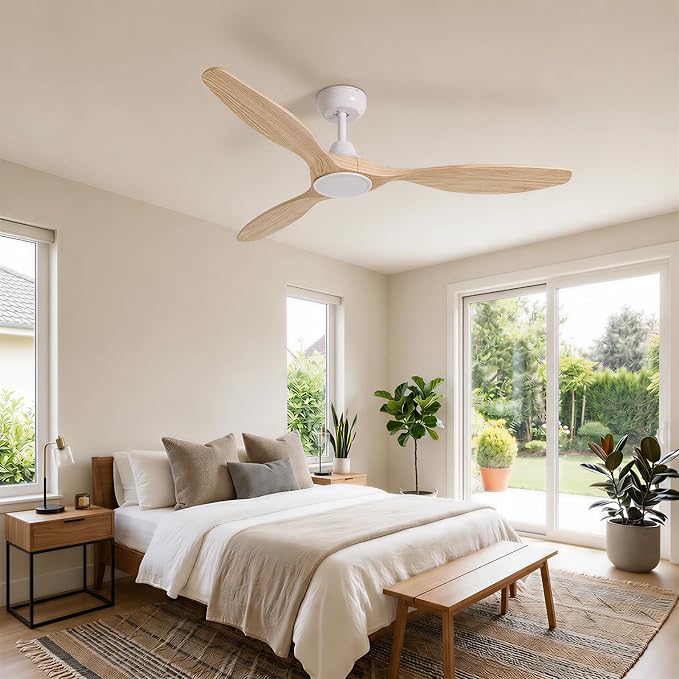 Skylike 52" Wood Outdoor Ceiling Fan with Lights, Propeller Farmhouse Ceiling Fan and Remote Control, 3 Blade Light Wood Ceiling Fan for Patio,Porch, Gazebo, Bedroom