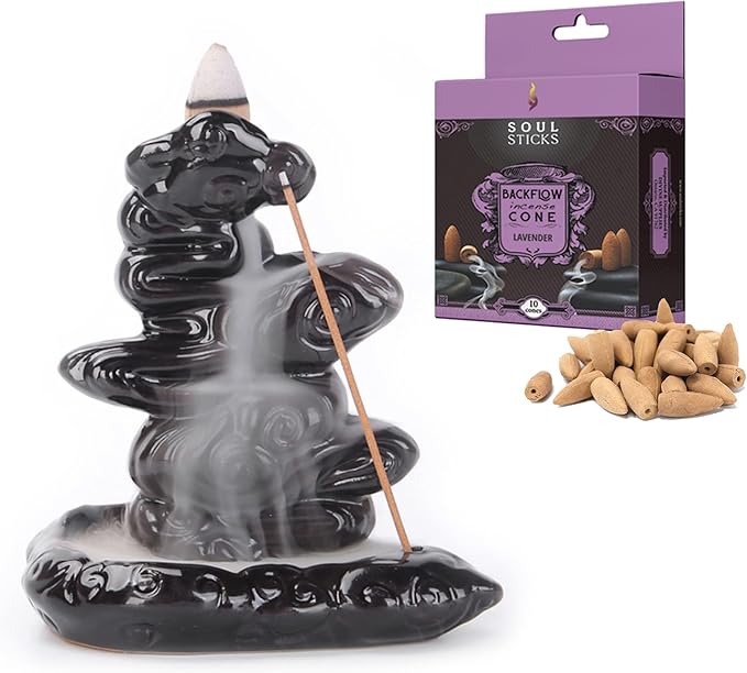 SOUL STICKS Backflow Incense Holder Burner Waterfall Fountain for Home, Office, Yoga, Room Decor & Aromatherapy with 1 Pack of 10 Backflow Fragrance Cones Included (Calm Clouds)