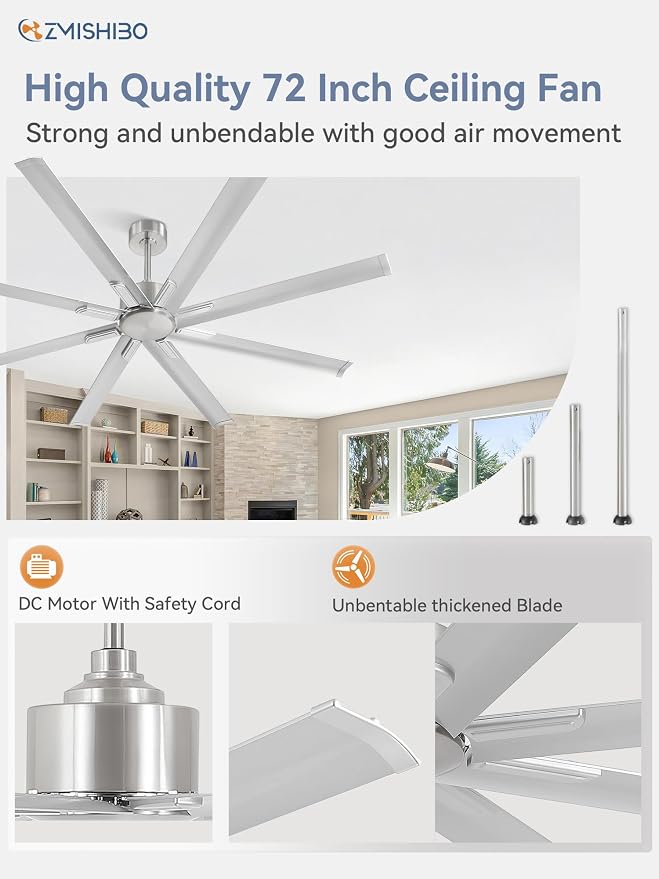 ZMISHIBO 72 Inch Ceiling Fan No Light, Large Black Ceiling Fan with Remote, Quiet DC Motor, and 6 Speeds, Indoor/Outdoor Industrial Ceiling Fans 8 Aluminum Blades for Patio, Garage, Shop, Nickel