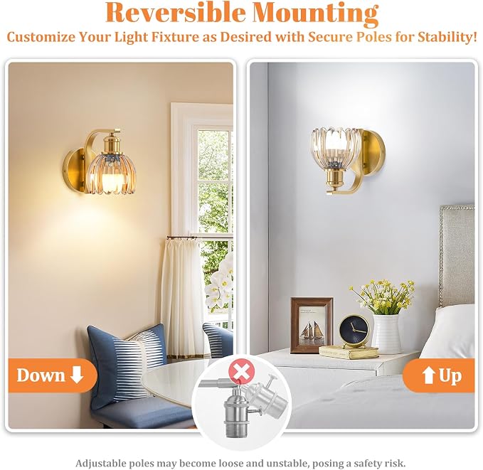 VerRon Rechargeable Battery Operated Wall Sconce Set of Two with Amber Glass Lampshade, Wireless Wall Scone Decor with Remote Control, 15 Colors Gold Wall Light for Bedside Hallway Bedroom Doorway