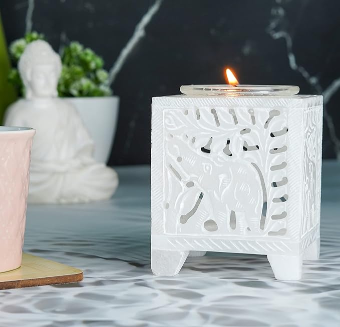 Crocon Marble Bakhoor Burner Incense Burner for Fragrance & Healing Square Charcoal Bakhoor Burner Handmade White Marble & Glass Bakhoor for Home & Living Room Office Decor Size: 2.9X2.9X3.5 Inch