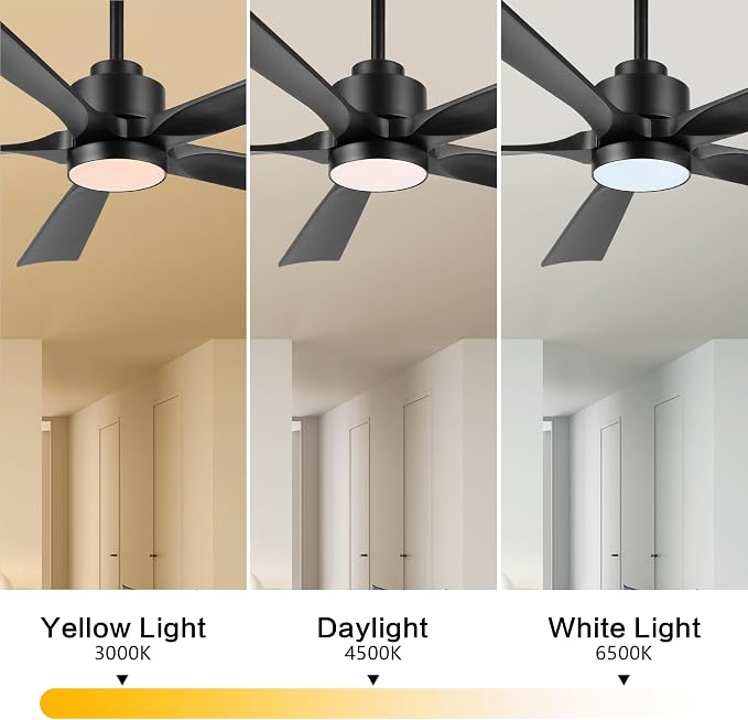 ELEHINSER 52" Modern Ceiling Fan with Light and Remote Control, 5 Solid Wood Blades 6-Speed Noiseless Reversible DC Motor, Ceiling Fan for Bedroom Dinning Living Room, Black