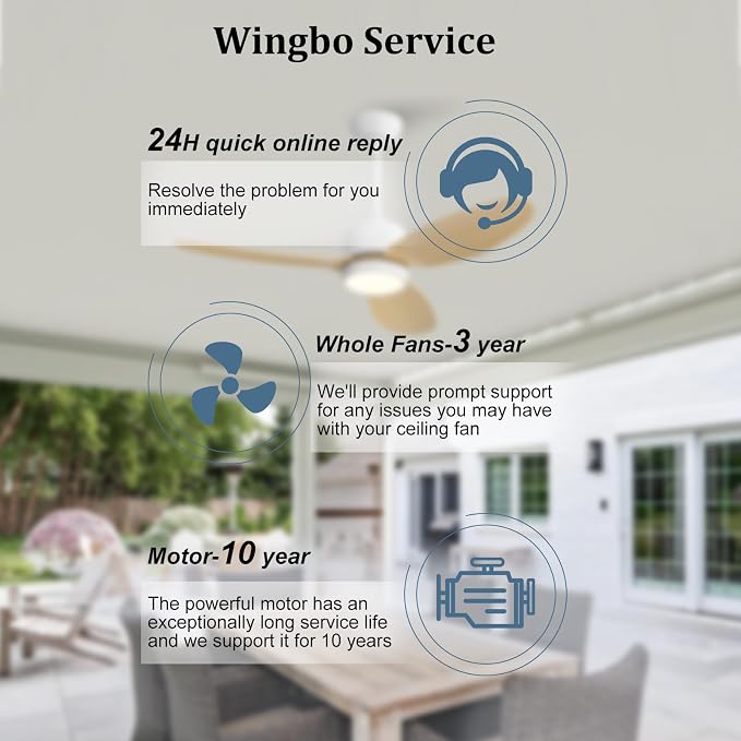WINGBO 42" Outdoor Ceiling Fans with Lights, Wet Rated Waterproof Indoor Ceiling Fan with Remote, 3 ABS Blades Modern Ceiling Fan,Quiet 6-Speed DC Motor, for Porch Patios Bathroom, White+Light Wood