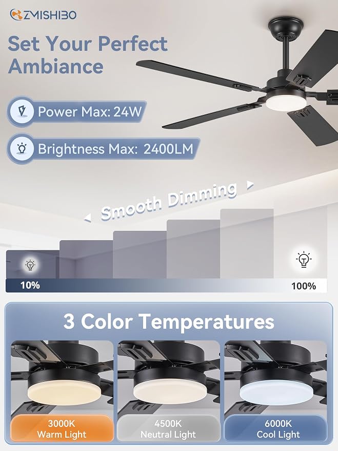 ZMISHIBO 52" Ceiling Fans with Lights, Black Modern Ceiling Fan with Remote & App Control, Farmhouse Indoor Ceiling Fan with Dual Finish Blades, Quiet & Strong Motor, 24W Dimmable Bright LED Light