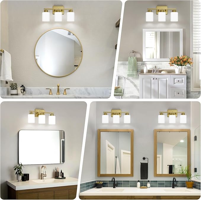 FonmYim Brushed Gold Bathroom Light Fixtures, 3-Light Modern Vanity Light Over Mirror, Wall Sconces with Milky White Frosted Glass Shades, E26 Socket (Bulbs Not Included)