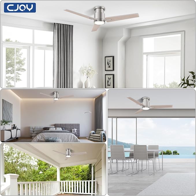 CJOY 52" Low Profile Ceiling Fan with Light and Remote, Brushed Nickel Ceiling Fans, 6 Speed Reversible DC Motor, 3CCT Dimmable LED- Flush Mount Design for Bedroom, Living Room & Covered Outdoor