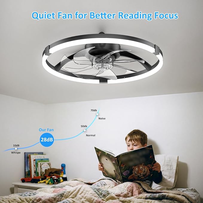 20'' Low Profile Ceiling Fan with Lights, Ceiling Fans with Lights and Remote, 3000-6500K Dimmable Modern Flush Mount LED Fan Lights, 6 Wind Speeds Ceiling Fans for Bedroom