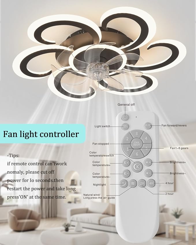 24" Black Flower Ceiling Fan with Light Remote Control, 3 Light Color 6 Speeds Flush Mount Low Profile Ceiling Fan for Bedroom Kitchen