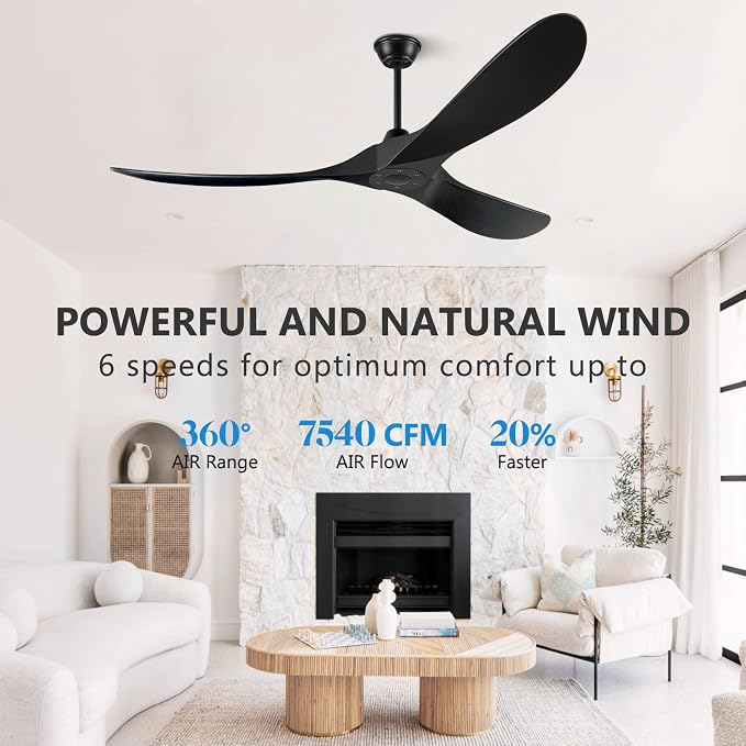 Eliora 60 Inch Ceiling Fans Without Light, Solid Wood Ceiling Fan with Remote Control and Quiet DC Motor, Ceiling Fan no Light 3 Blades, Outdoor Ceiling Fans for Patios without Lights Matte Black