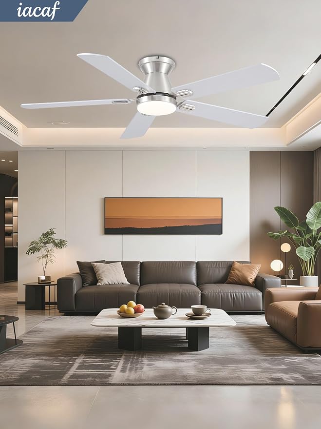 Ceiling Fans with Lights, 52'' Low Profile Ceiling Fan with Light and Remote/APP Control, Dimmable, Qiuet DC Motor, Flush Mount Ceiling Fan for Indoor Bedroom Living Room, Nickel