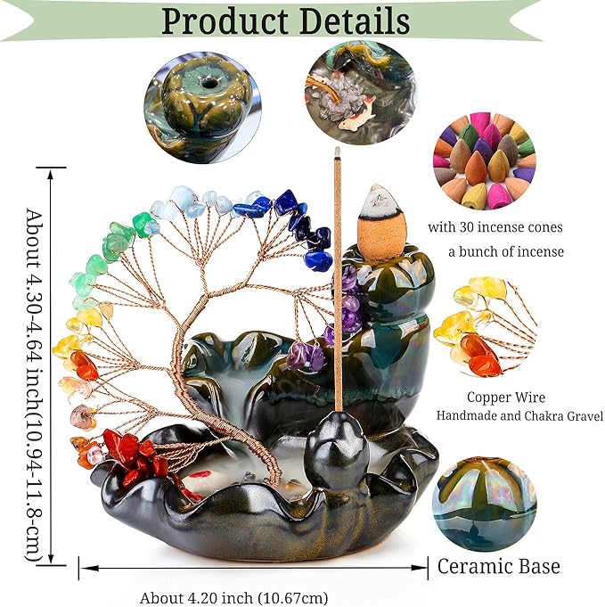 DUQGUHO Incense Holder Ceramic Backflow Incense Waterfall Burner Chakra Crystal Tree with 30 Burner Incense Cones for Room Home Zen Decor Meditation