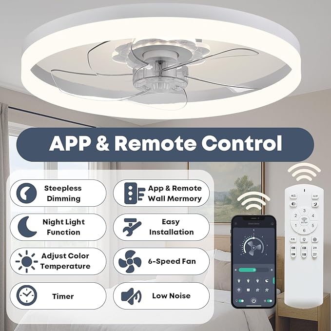 FSZDORJ 24'' Ceiling Fan with Light and Remote, Low Profile Ceiling Fan with Light, Dimmable Flush Mount Ceiling Fan Light, 6 Speeds Fan, App&Remote Control, Fandelier Quiet Fan for Bedroom F115 Black