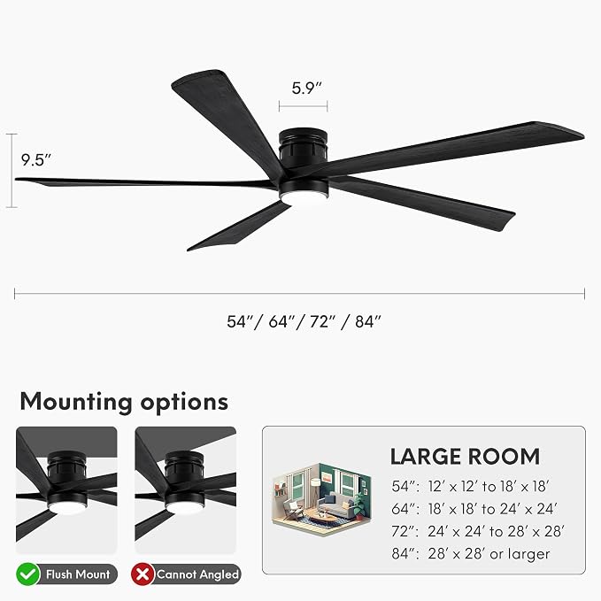 EKIZNSN 84 Inch Outdoor Low Profile Flush Mount Ceiling Fans with Lights for Patios, 110V Noiseless Reversible DC Motor, 6-Gear Speed (Black Finish with Black Blades)
