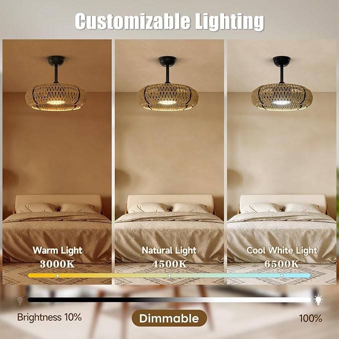 ocioc 20" Caged Ceiling Fans with Lights and Remote,Fandelier Ceiling Fan with Light,Bladeless,Quiet Reversible DC Motor,Rattan Boho Ceiling Fan for Bedroom,Living Room