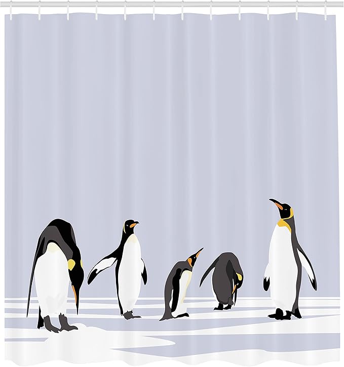 Ambesonne Animal Shower Curtain, Penguins on Polar ICY Land Winter Climate Arctic Cold Season Creatures Print, Cloth Fabric Bathroom Decor Set with Hooks, 69" W x 75" L, White Lilac