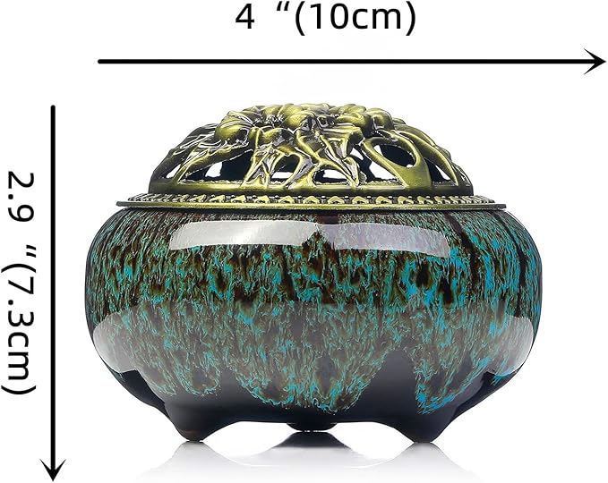 Incense Burner with Calabash Incense Stick Holder - Porcelain Charcoal Censer for Use with Resin Granular Powder Cone or Coil Incense (Kiln-Colored Blue)