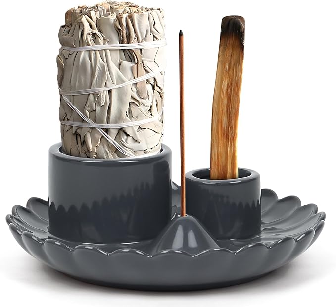 4 in 1 Incense Holder, Incense Burner, Palo Santo Holder, Ceramic Ash Catcher Tray for Meditation Room, Candle Holder for Burning Sage (Gray)