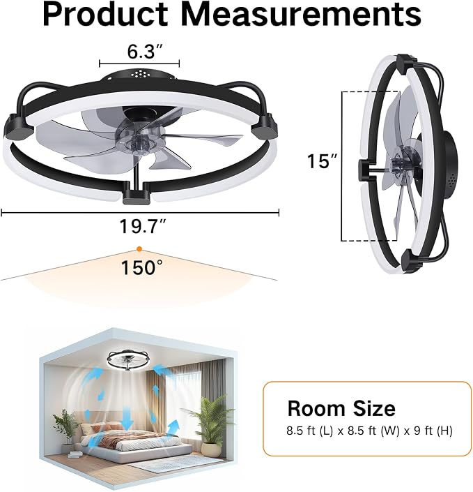 OUTON 20" Ceiling Fan with Light, Remote & App Control, Fandelier Low Profile Flush Mount Ceiling Fan with 3000K-6500K Stepless Dimmable, 6 Speed, Quiet DC Motor, Small Modern Ceiling Fans for Bedroom