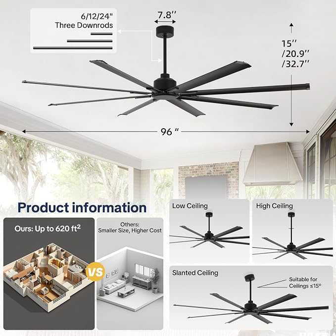 96 Inch Industrial Ceiling Fan No Light, Large Shop Fan with 8 Aluminum Blades, Quiet Reversible DC Motor, 6 Speed Remote Control,3 Downrods, Black Outdoor Ceiling Fans for Patios,Garage,Gym,Warehouse