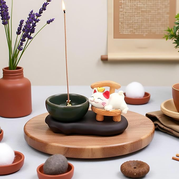 Cute Cat Stick Incense Holder, Japanese Ceramic Burner Tray Set, Rustic Ash Catcher Desktop Home Office Decor Meditation Yoga Spa Zen Aromatherapy