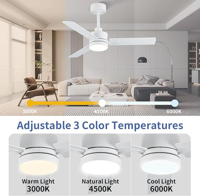 LANMEL 42 Inch Metal Ceiling Fan with Light, Modern Flush Mount Low Profile with Remote Control, Reversible, 3cct Dimmable, Quiet, White LED for Bedroom, Living Room, Indoor/Outdoor Patio Use