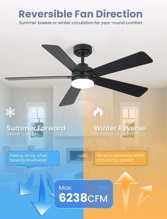 48 Inch Ceiling Fan with Lights and Remote, Downrod Mount, Sloped Ceiling Compatible up to 15°, Quiet Reversible DC Motor, 3CCT Dimmable LED, Black Ceiling Fan for Bedroom Living Room