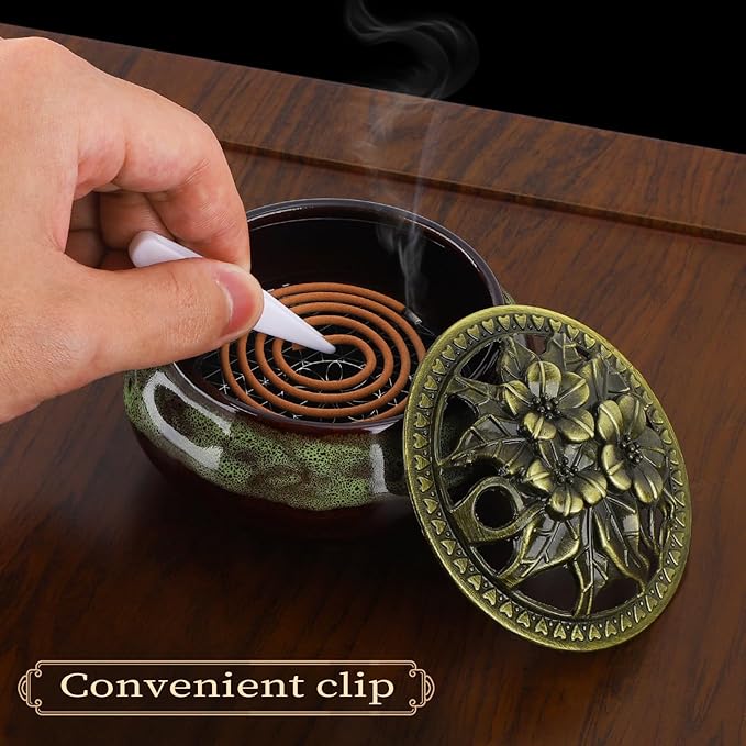 Handmade Ceramic Incense Burner with Metal Lid - Zen Meditation, Home Decor,Spiritual Gift, Durable & Elegant Design for Yoga, Altar, or Relaxation,Large Capacity Incense ash Catcher. (Fambe Green)