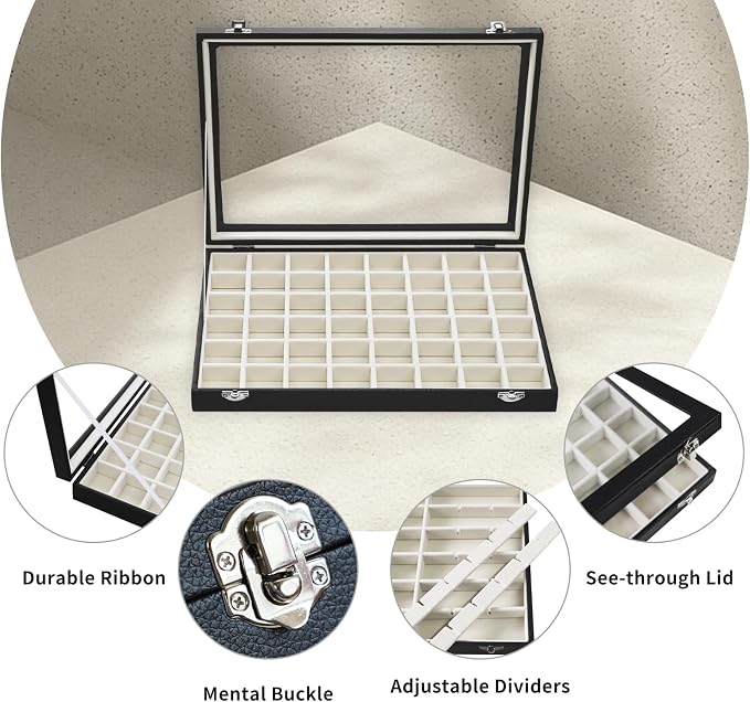 Stratalife 48 Grid Earring Organizer, Jewelry Holder Organizer with Lid | PU Leather Storage Box for Earring, Ring, Studs and Trinkets, Soft Velvet Drawer Organizer for Women, Dustproof, Beige Black