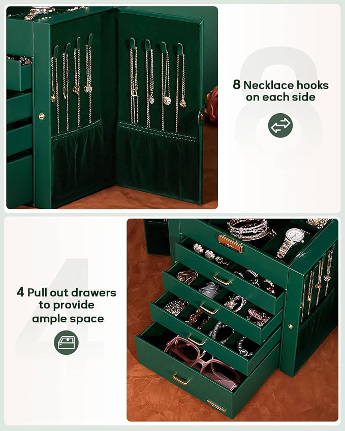 Homde Synthetic Leather Huge Jewelry Box Mirrored Watch Organizer Necklace Ring Earring Storage Lockable Gift Case (Forest Green + Gold)