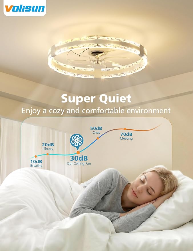 VOLISUN Low Profile Ceiling Fans with Lights and Remote, 20in Fandelier Ceiling Fans with Lights Flush Mount, Dimmable Bladeless LED Ceiling Fan Light, White Modern Ceiling Fan Light for Bedroom
