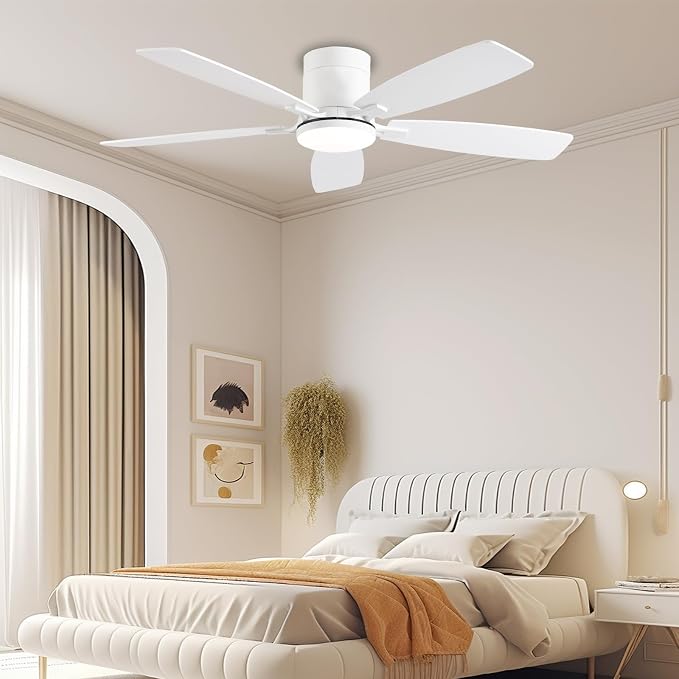 FUMLTP 52inch Flush Mount Ceiling Fans with Lights and Remote/APP Control, Dimmable LED, Reversible DC Motor, Noiseless, Low Profile White Ceiling Fan for Livingroom, Indoor/Outdoor Use