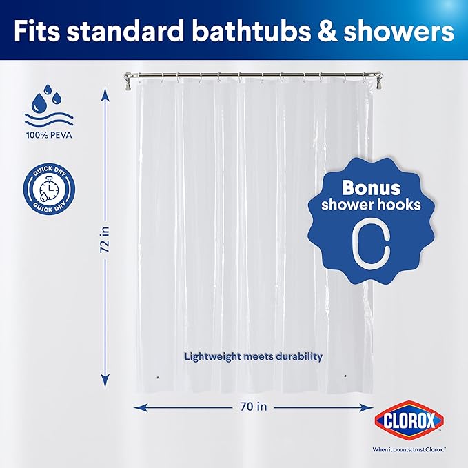 Clorox Shower Curtain Liner & Hooks, Premium Lightweight Flexible Waterproof 4g PEVA for Bathroom with Weighted Magnets, Standard Size 70" x 72", Clear 1 Pack