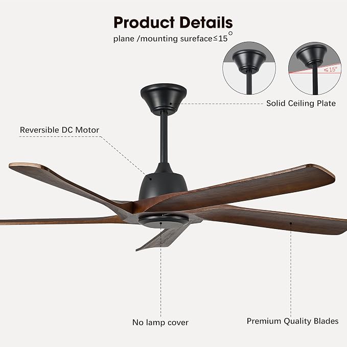 60 Inch Solid Wood Ceiling Fan No Lights, Remote and APP Control, DC Motor, 6-speed Reversible, Outdoor Ceiling Fans for Bedroom, Living Room, Office, Dark Walnut