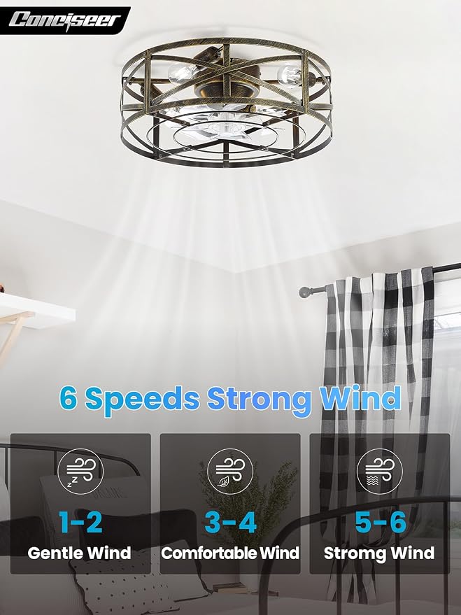 Conciseer 16 Inch Caged Ceiling Fans with Lights and Remote, Flush Mount, Low Profile 7 Blades 6 Speed Reversible Quiet DC Motor for Bedroom, Kitchen and Living Room, White/Gold