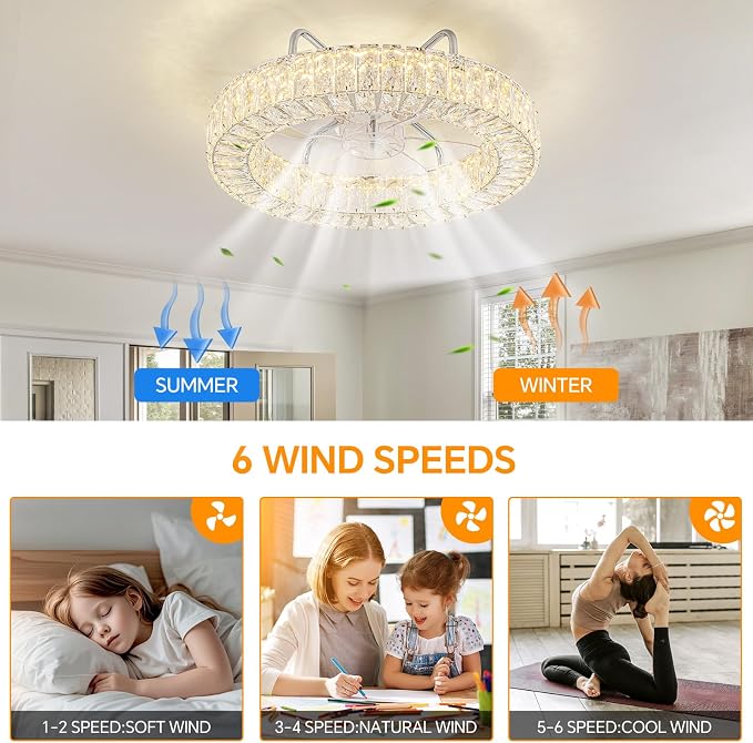 Fandelier Flush Mount Ceiling Fan with Lights and Remote Dimmable Crystal Ceiling Fan Chandelier 6 Wind Speeds 3 Color Bedroom Kids Room Living Room