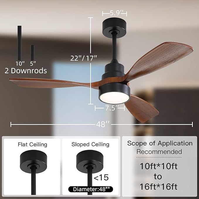 CACI Mall 48 inch Ceiling Fans with Lights, Smart Indoor/Outdoor Ceiling Fan, Remote Control, Compatible with Alexa/Google, Small 3 Blade Solid Wood Ceiling Fans for Bedroom Patio