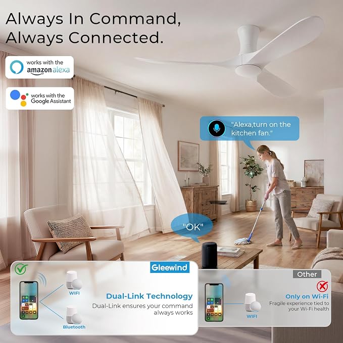 52 inch Smart White Ceiling Fans with Lights, Outdoor Flush Mount Low Profile Ceiling Fan with WIFI Alexa and App Remote Control, Quiet DC Motor, 3 Blades Wood Modern ceiling fan for Bedroom Patio