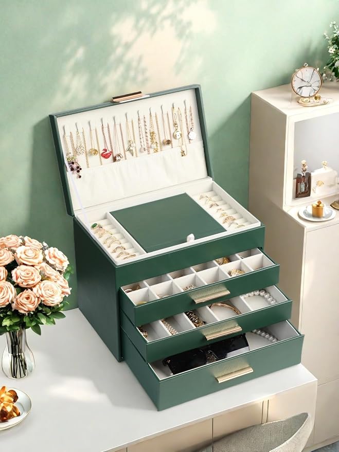 BOOVO Jewelry Boxes for Women, White and Black 6 Layer Large Jewelry Box for Necklace, Bracelet, Earrings, Rings Storage, Jewelry holder Organizer for Girls Gift (Green, 5 Layer)
