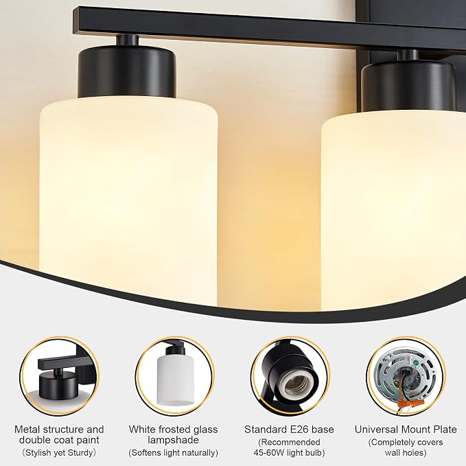 FonmYim Black Bathroom Light Fixtures, 4-Light Modern Vanity Light Over Mirror, Wall Sconces with Milky White Frosted Glass Shades, E26 Socket (Bulbs Not Included)