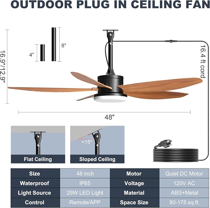 Outdoor Ceiling Fan with Lights, 48 Inch Plug in Gazebo Fans with Remote APP Control, Quiet DC Motor, Dimmable 3CCT, Waterproof Hanging Fans for Covered Patios, Porch, Wood Color
