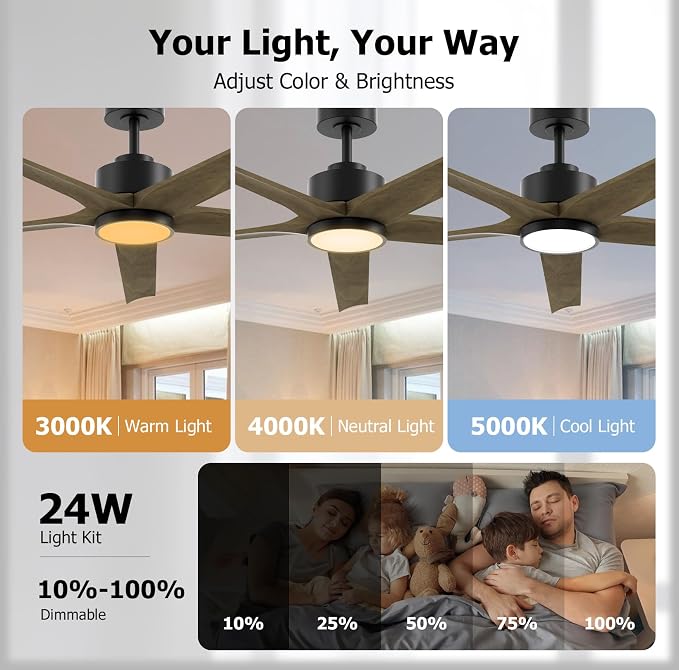 60 Inch Ceiling Fan with Lights, Outdoor Wood Silent Ceiling Fans, Modern High CFM Farmhouse Ceiling Fans, Quiet Reversible DC Motor, 5 Blades 6 Speed for Bedroom Living Room Exterior Patios