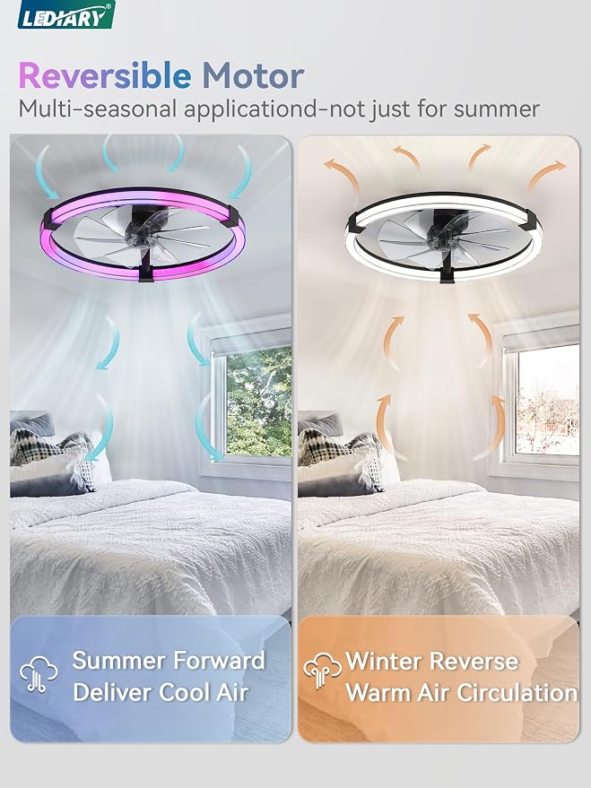 LEDIARY Ceiling Fan with Light,23inch Low Profile Fandelier with Remote RGB | RGB,6 Speeds, Reversible DC Motor, Dimmable Flush Mount Fan Light, Modern fans for Bedroom